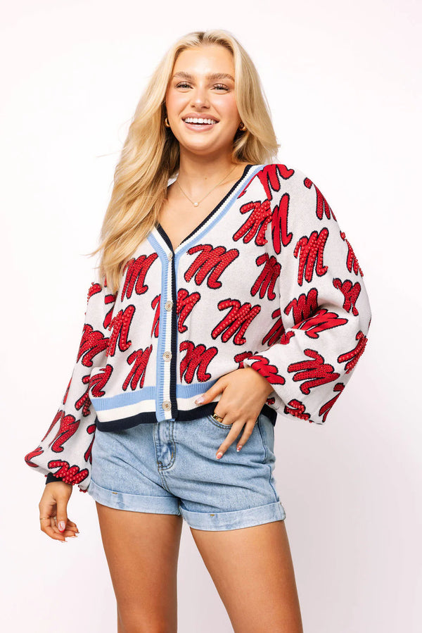 Licensed Ole Miss Knit In Mascot Rhinestone Cardigan-(Women's)