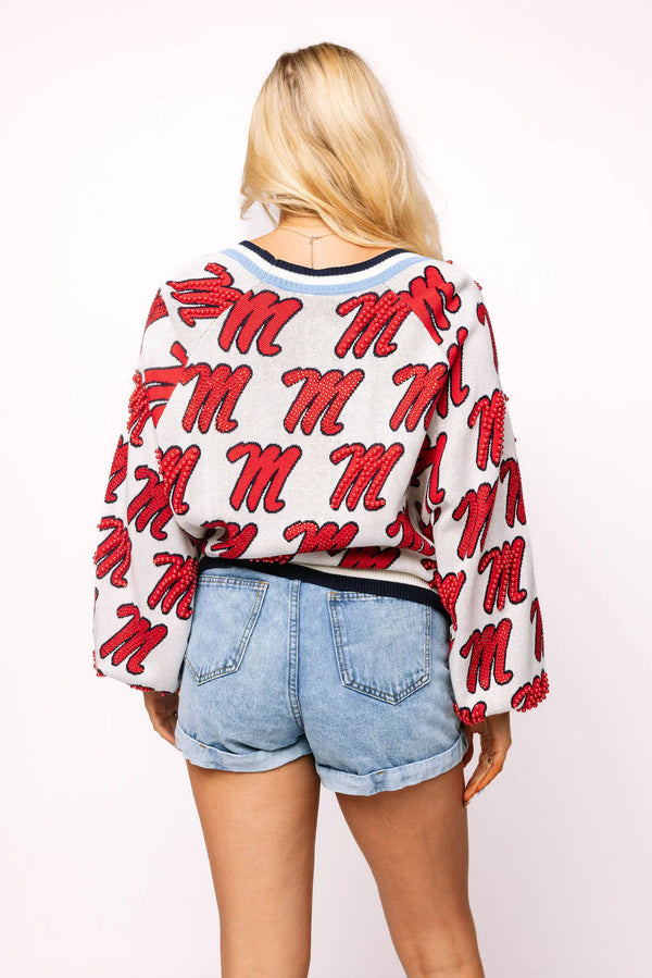 Licensed Ole Miss Knit In Mascot Rhinestone Cardigan-(Women's)