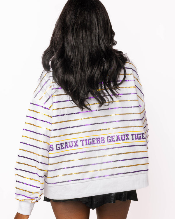 Licensed LSU Sequin Striped Fanny Pack Sweatshirt- (Women's)