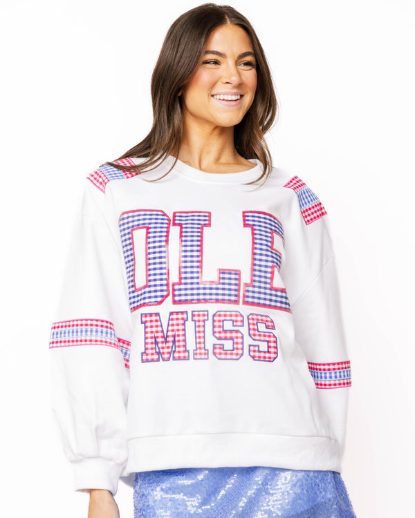 Licensed Ole Miss Gingham Words Jersey Sweatshirt- (Women's)
