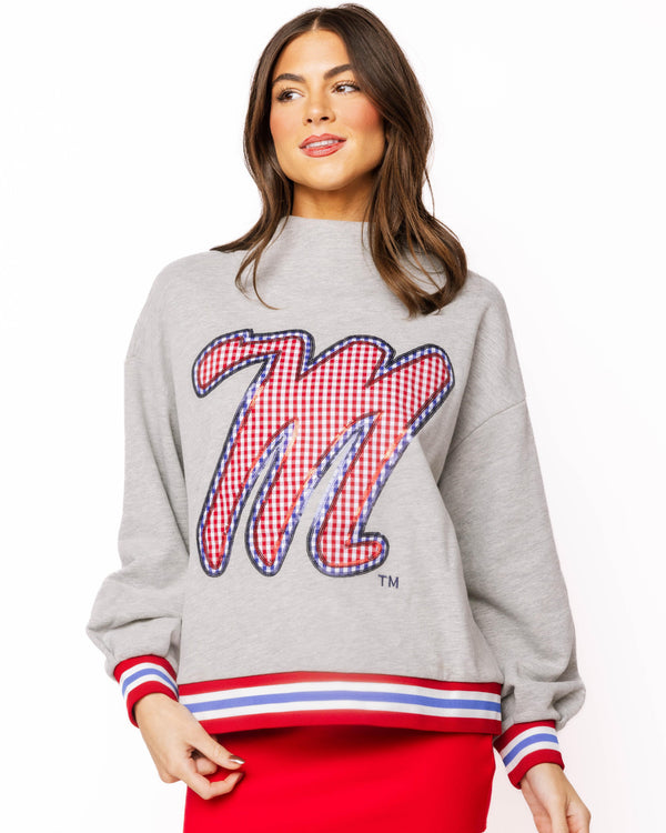 Licensed Ole Miss Grey Gingham Mascot Mock Neck Sweatshirt- (Women's)