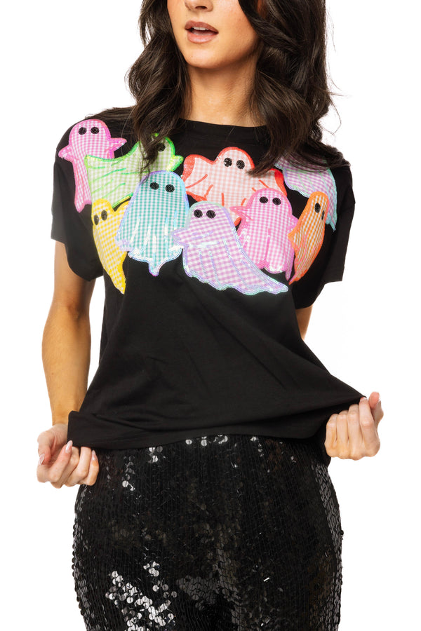 Black Multi Gingham Ghost Patch Tee- (Women's)