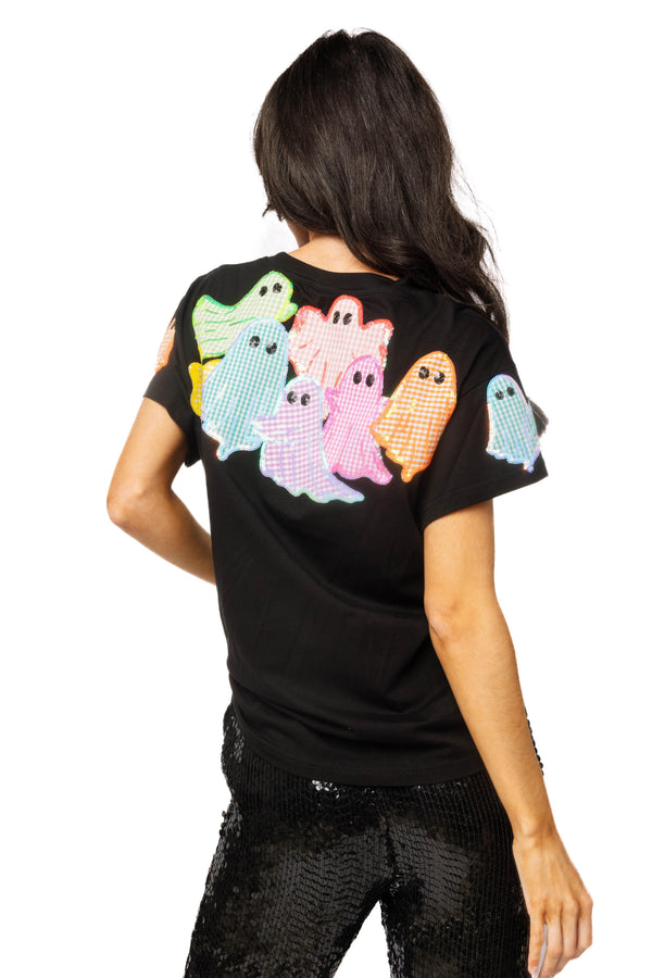 Black Multi Gingham Ghost Patch Tee- (Women's)