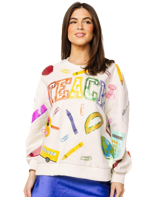 Beige Multi 'Teach' Scattered Icon Sweatshirt- (Women's)