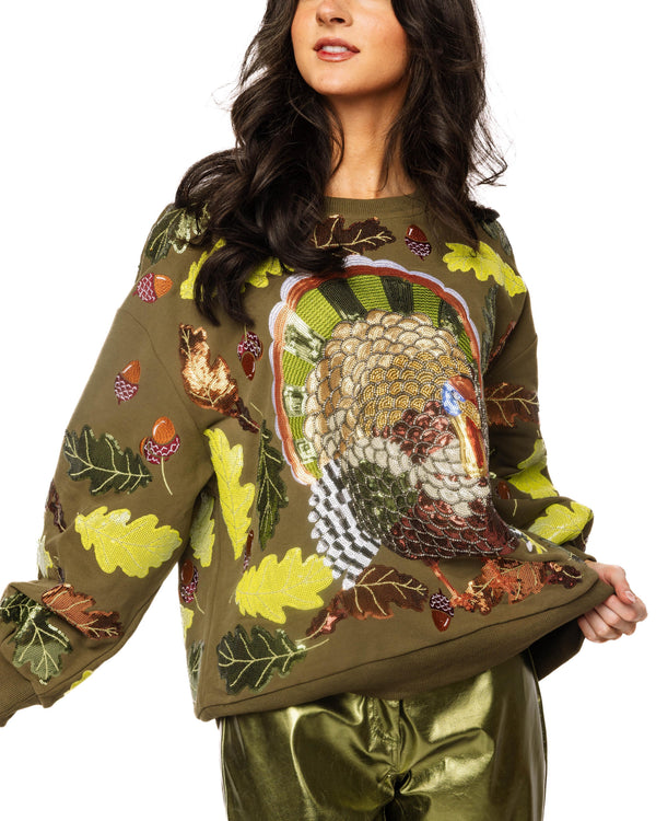 Olive Green Multi Turkey & Leaves Sweatshirt- (Women's)