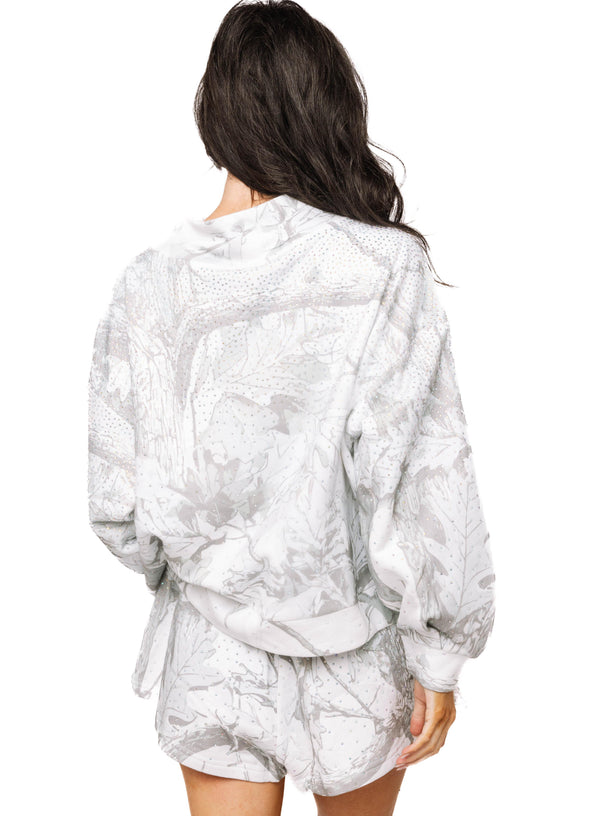 Grey Rhinestone Forest Camo Mockneck Sweatshirt- (Women's)