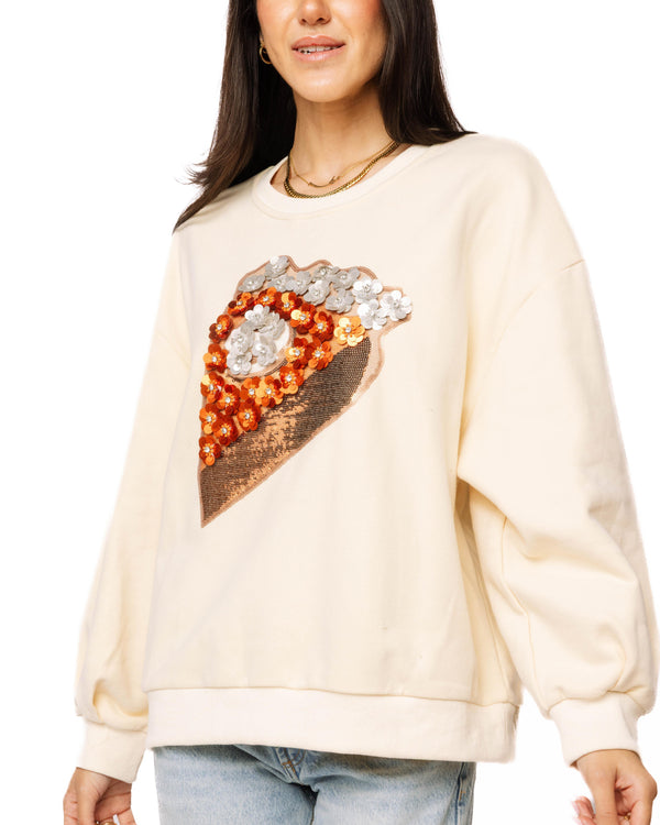 Beige Sequin Flower Pie Slice Sweatshirt- (Women's)