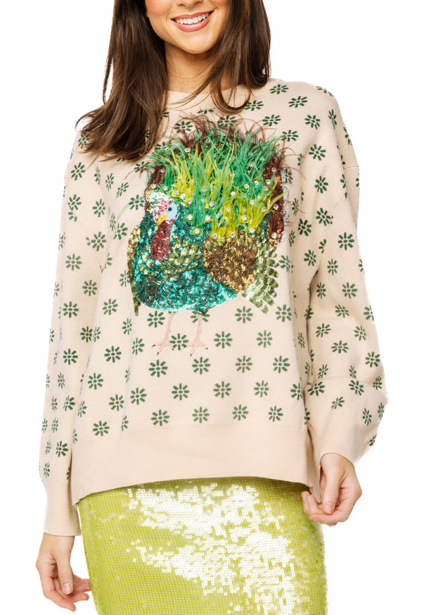Beige & Green Flower Print Feather Turkey Sweater- (Women's)