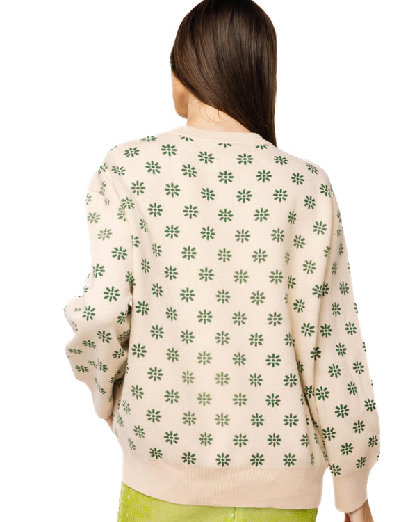 Beige & Green Flower Print Feather Turkey Sweater- (Women's)