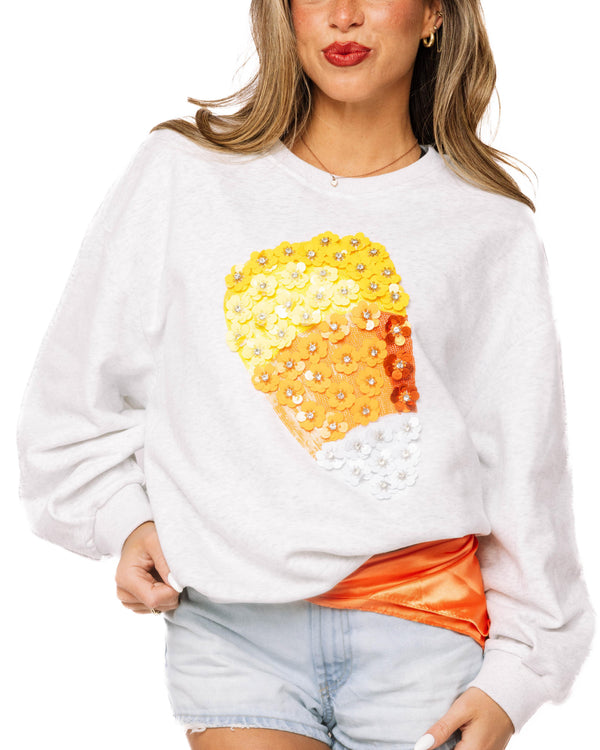 Grey Sequin Flower Candy Corn Sweatshirt- (Women's)