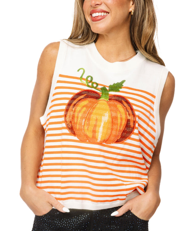 Ivory & Orange Striped Pumpkin Knit Tank- (Women's)