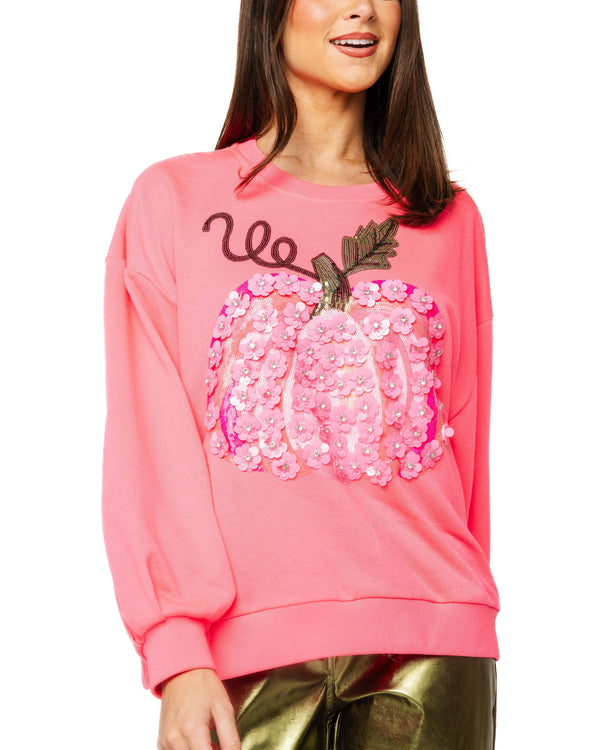 Neon Pink Flower Sequin Pumpkin Sweatshirt- (Women's)