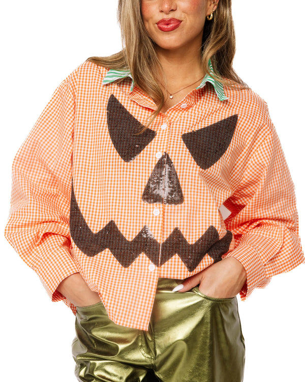 Orange Gingham Pumpkin Face Button Up Cotton Top- (Women's)