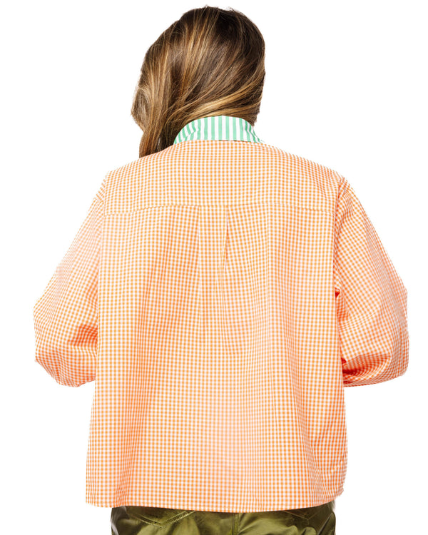 Orange Gingham Pumpkin Face Button Up Cotton Top- (Women's)