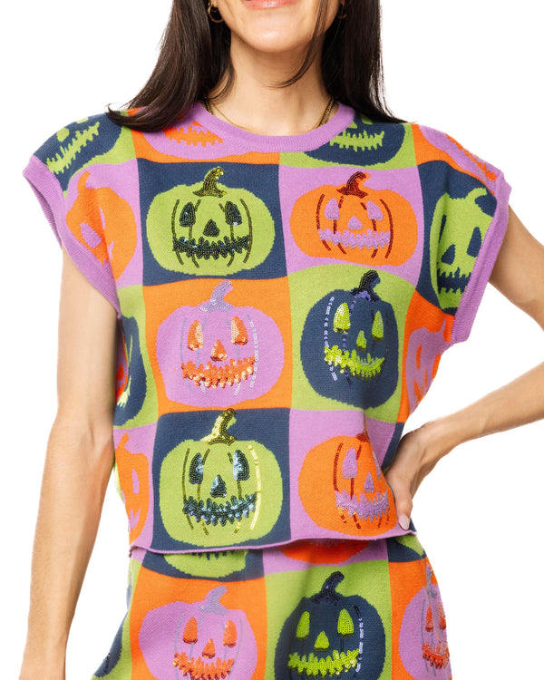 Multi Checkered Pumpkin Knit Top- (Women's)