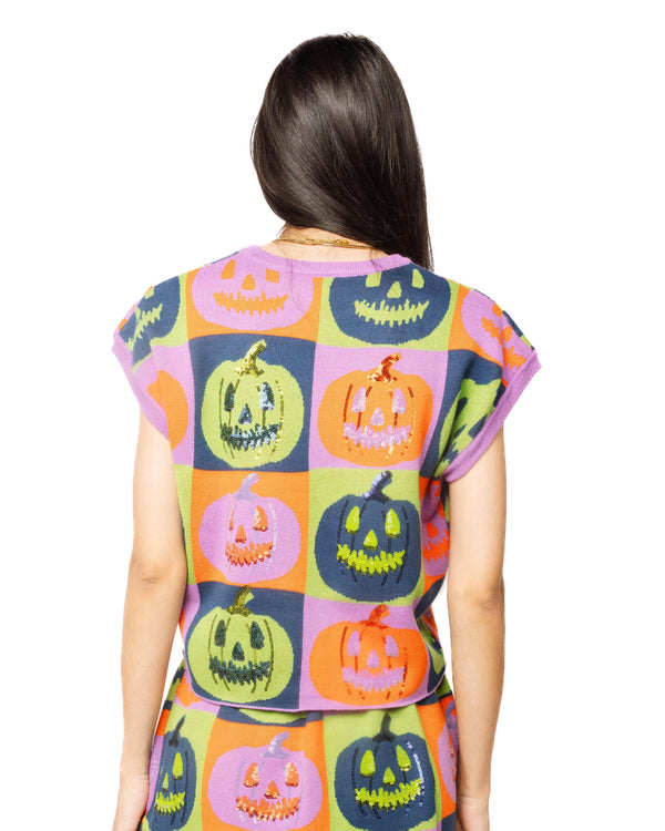 Multi Checkered Pumpkin Knit Top- (Women's)