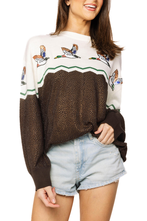 Brown & Ivory Colorblock Duck Rhinestone Sweater- (Women's)