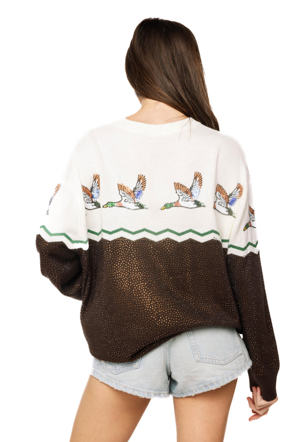 Brown & Ivory Colorblock Duck Rhinestone Sweater- (Women's)