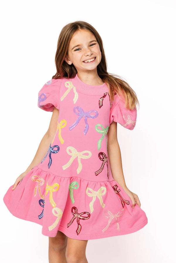 Pink Multi Bow Poof Sleeve Dress