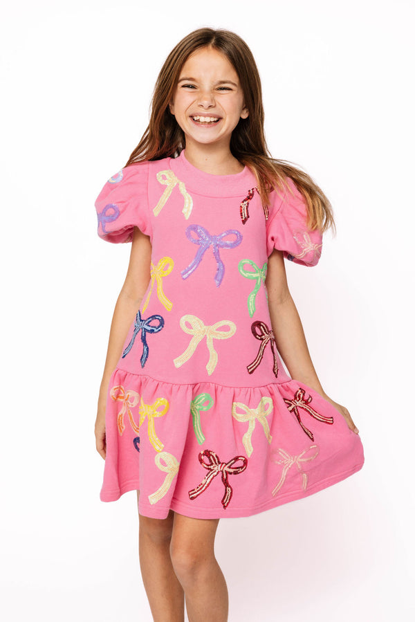 Pink Multi Bow Poof Sleeve Dress