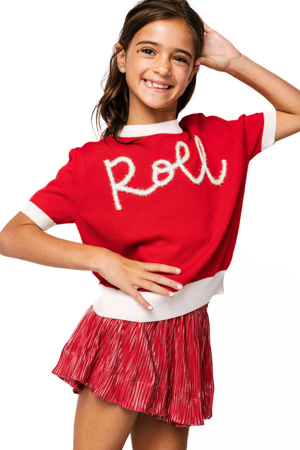 "Roll" Short Sleeve Glitter Script Sweater- Red