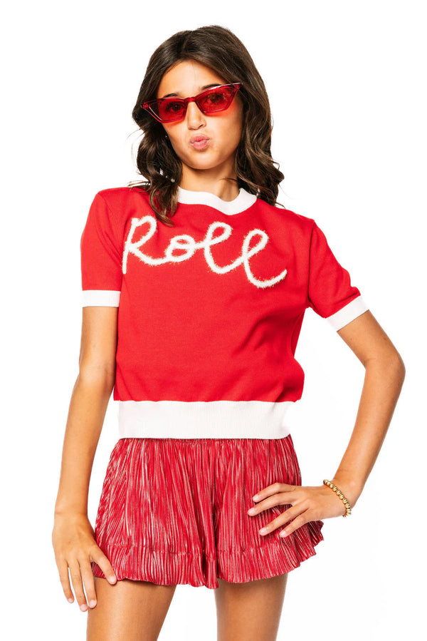 "Roll" Short Sleeve Glitter Script Sweater- Red