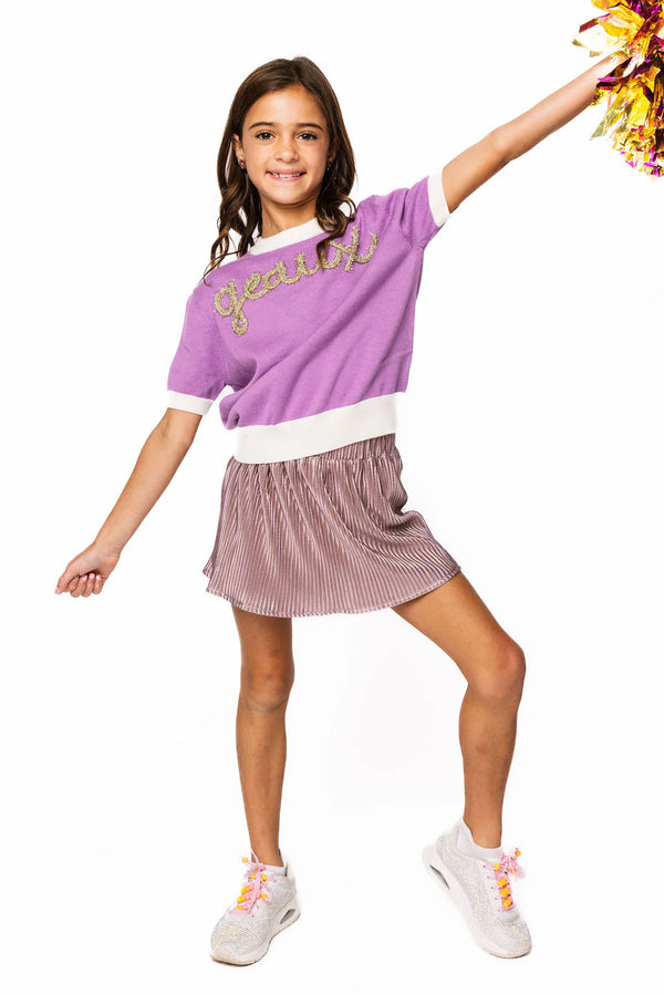 "Geaux" Short Sleeve Glitter Script Sweater- Purple