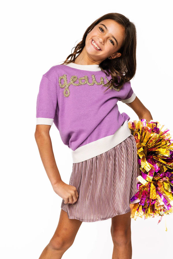 "Geaux" Short Sleeve Glitter Script Sweater- Purple