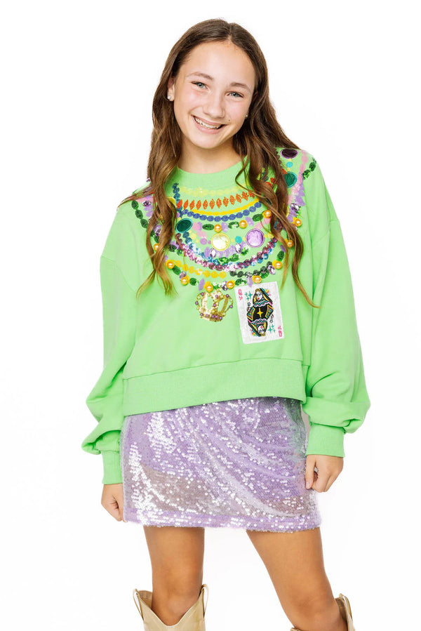 Queen Mardi Gras Beads Sweatshirt- Bright Green