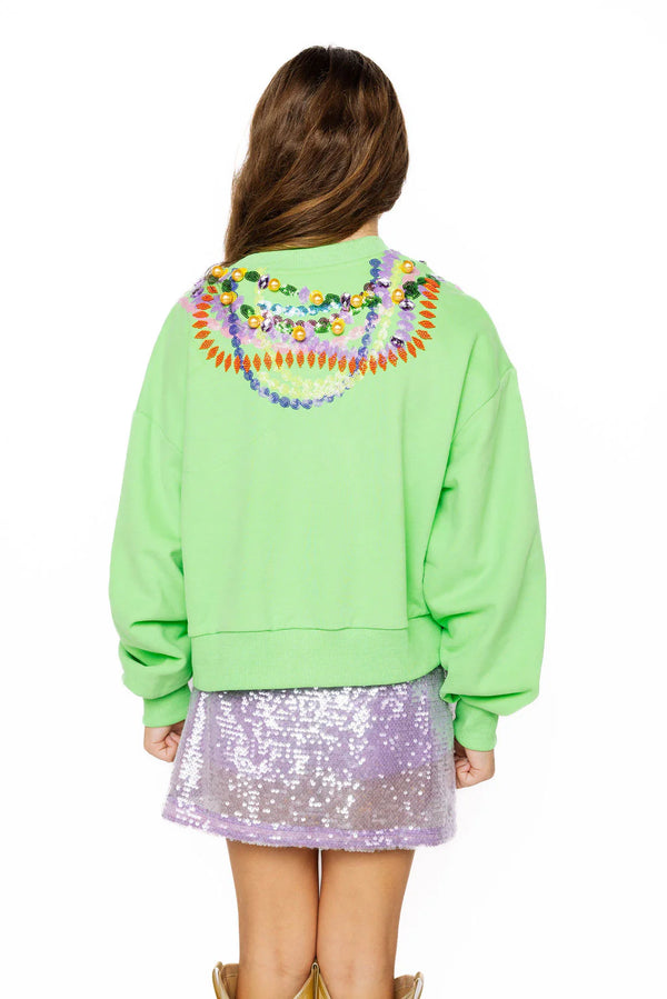 Queen Mardi Gras Beads Sweatshirt- Bright Green