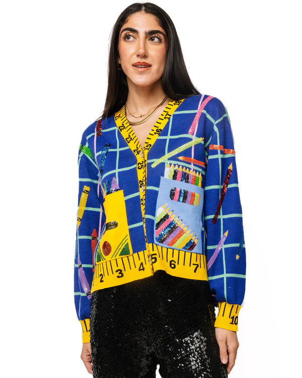 Multi School Supplies Ruler Trim Button Up Cardigan- (Women's)