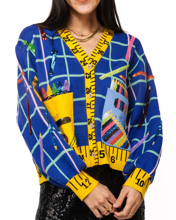 Multi School Supplies Ruler Trim Button Up Cardigan- (Women's)