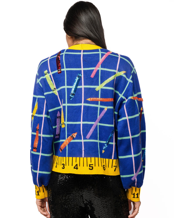 Multi School Supplies Ruler Trim Button Up Cardigan- (Women's)