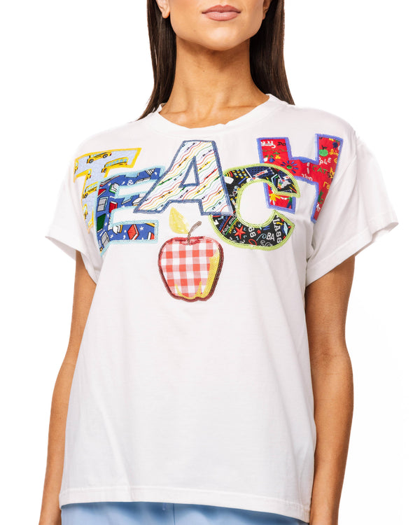 White Multi Fabric 'Teach' Apple Tee- (Women's)