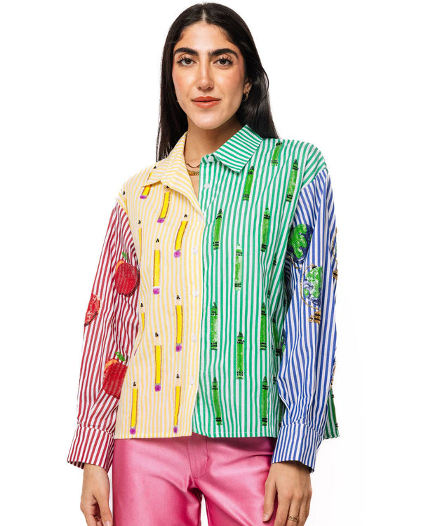 Colorblock Stripe Teacher Icon Button Up Cotton Top- (Women's)