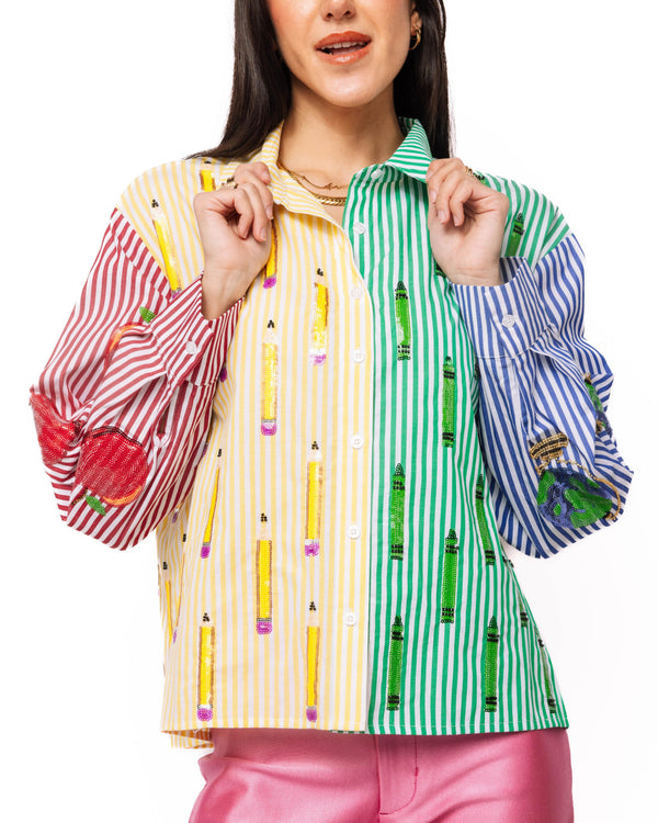 Colorblock Stripe Teacher Icon Button Up Cotton Top- (Women's)