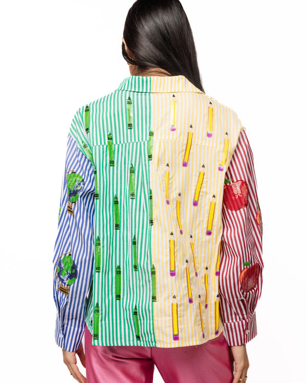 Colorblock Stripe Teacher Icon Button Up Cotton Top- (Women's)