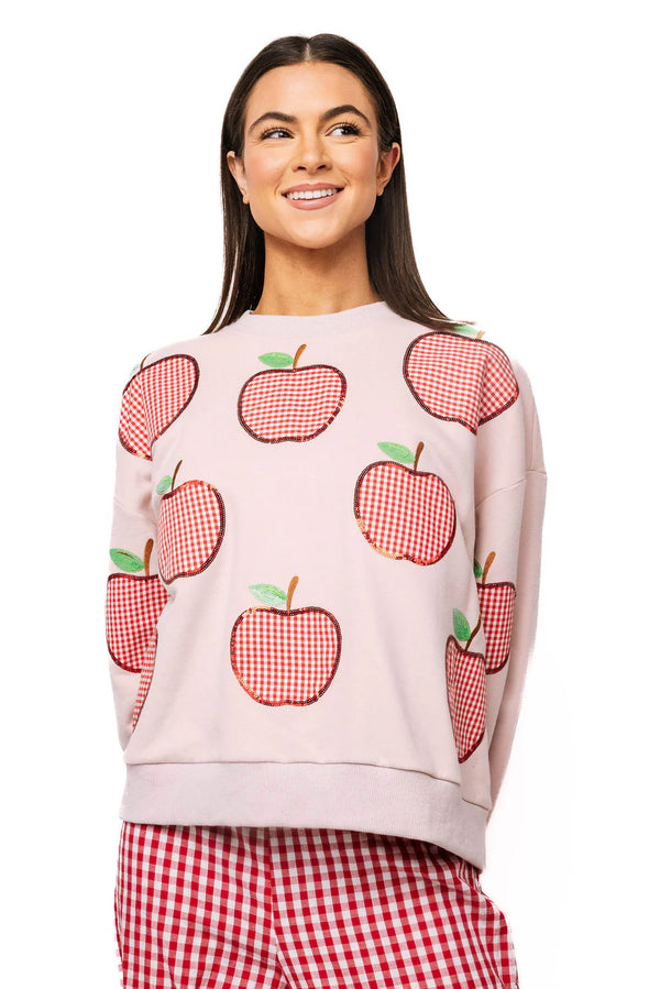 Light Pink & Red Gingham Apple Sweatshirt- (Women's)