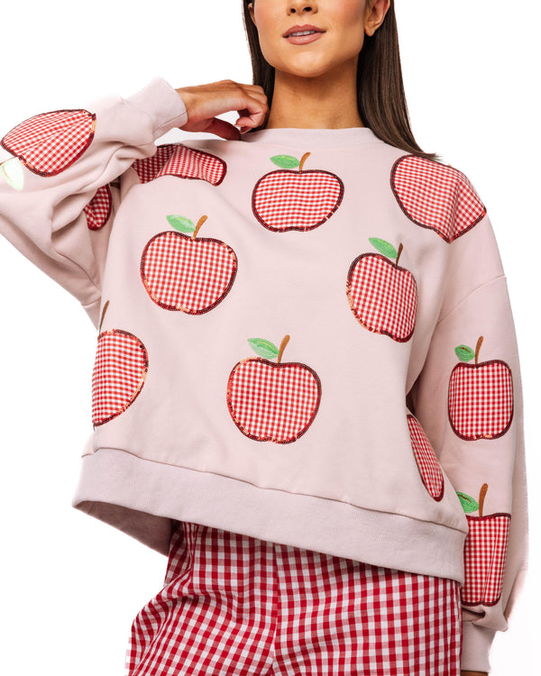 Light Pink & Red Gingham Apple Sweatshirt- (Women's)