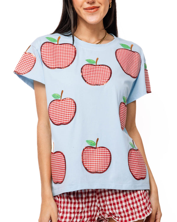 Light Blue & Red Gingham Apple Tee- (Women's)