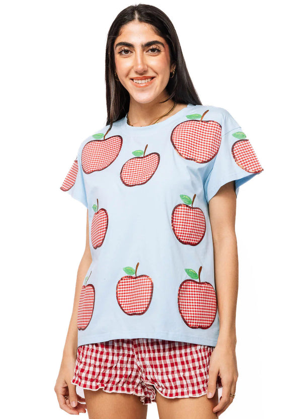 Light Blue & Red Gingham Apple Tee- (Women's)