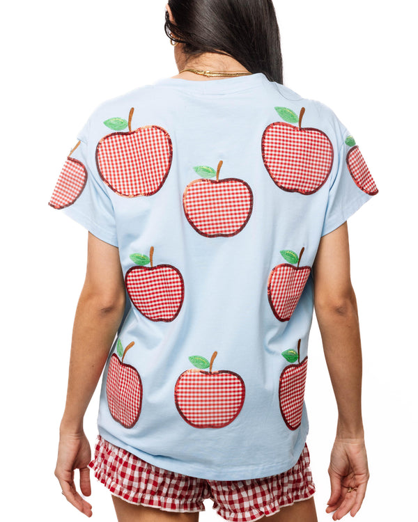 Light Blue & Red Gingham Apple Tee- (Women's)