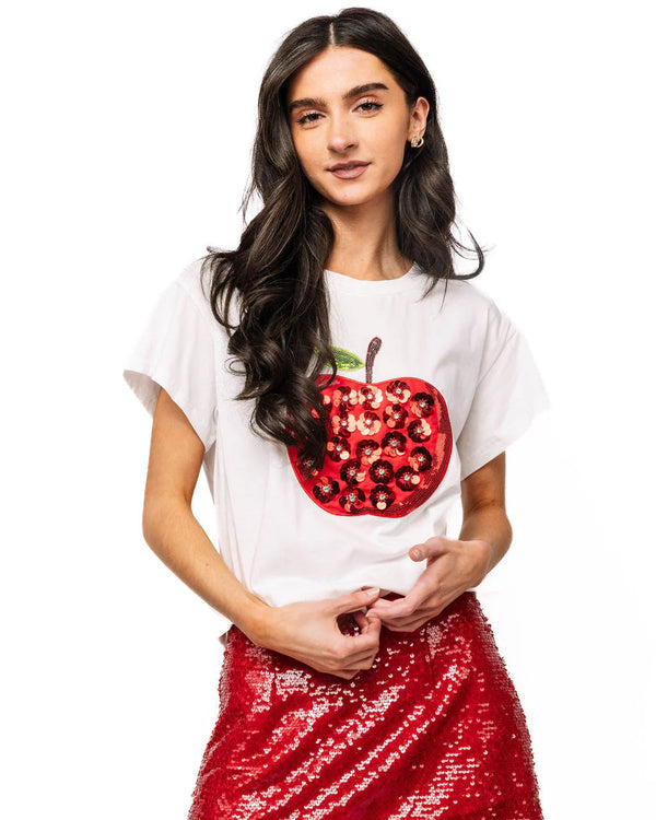 White & Red Sequin Flower Apple Tee- (Women's)