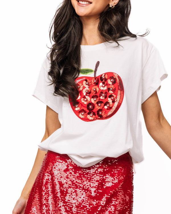 White & Red Sequin Flower Apple Tee- (Women's)
