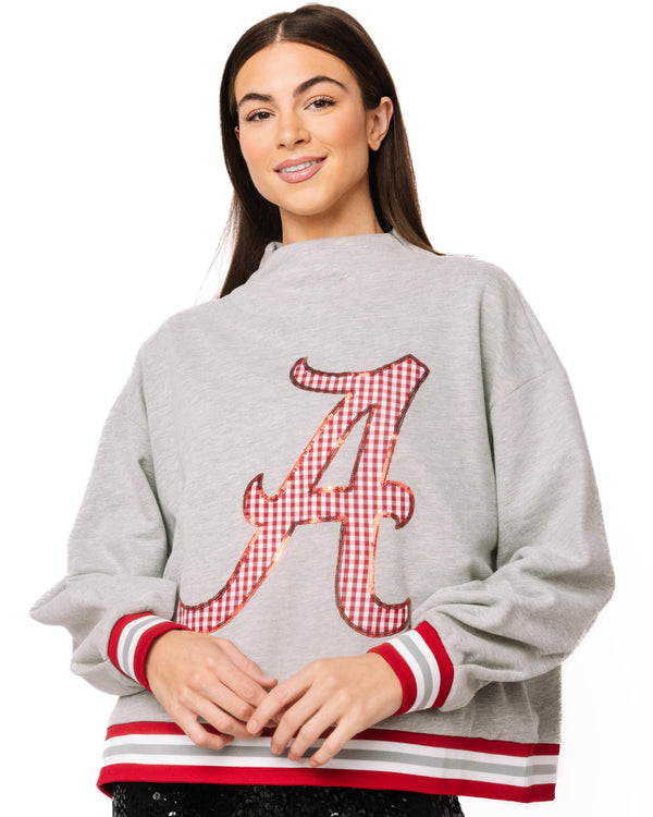 Licensed Bama Grey Gingham Mascot Mock Neck Sweatshirt- (Women's)