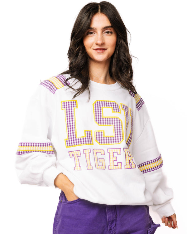 Licensed LSU Gingham Words Jersey Sweatshirt- (Women's)