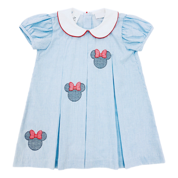 Blue Gingham Mouse Embroidered Dress w/ Red Bow