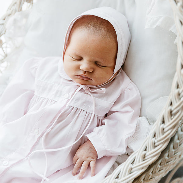 Dot Embroidered Take Me Home Gown W/ Bonnet- Pink