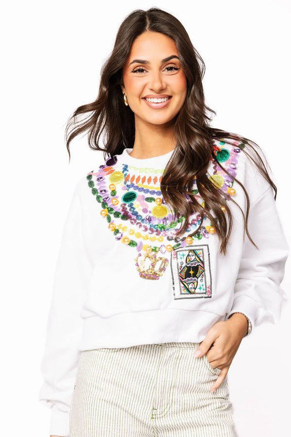 White Mardi Gras Queen Beads Sweatshirt- (Women's)