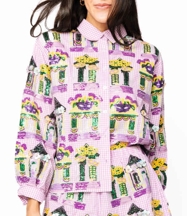 Mardi Gras Porches Button Up Top- (Women's)